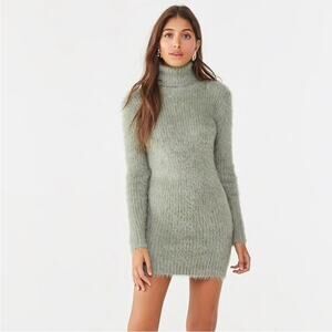 Forever 21 Women’s Olive Green Turtleneck Stretch Fuzzy Knit‎ Mini Dress Size S